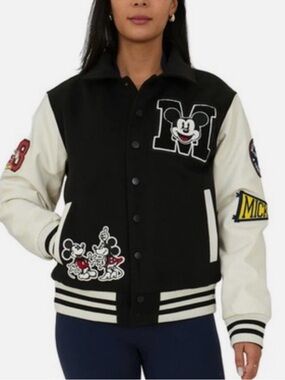 Unisex Disney Adult Black and White Varsity Jacket with Mickey Patches